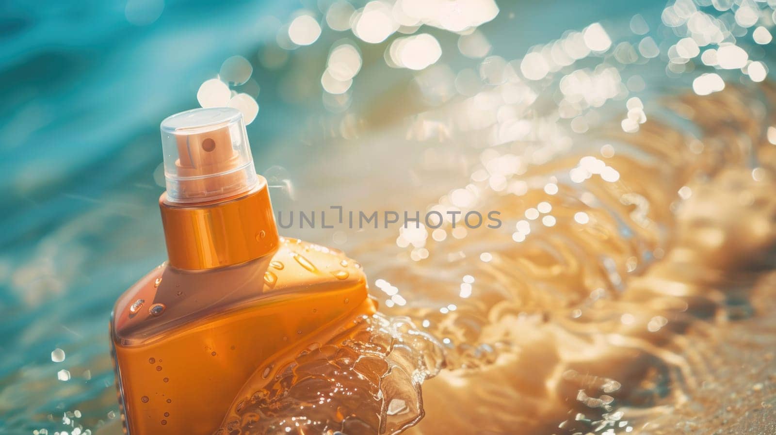 A bottle of orange juice splashes into the ocean, blending with the water and sky. The fluid travels towards the horizon, creating a natural art in the landscape AIG50
