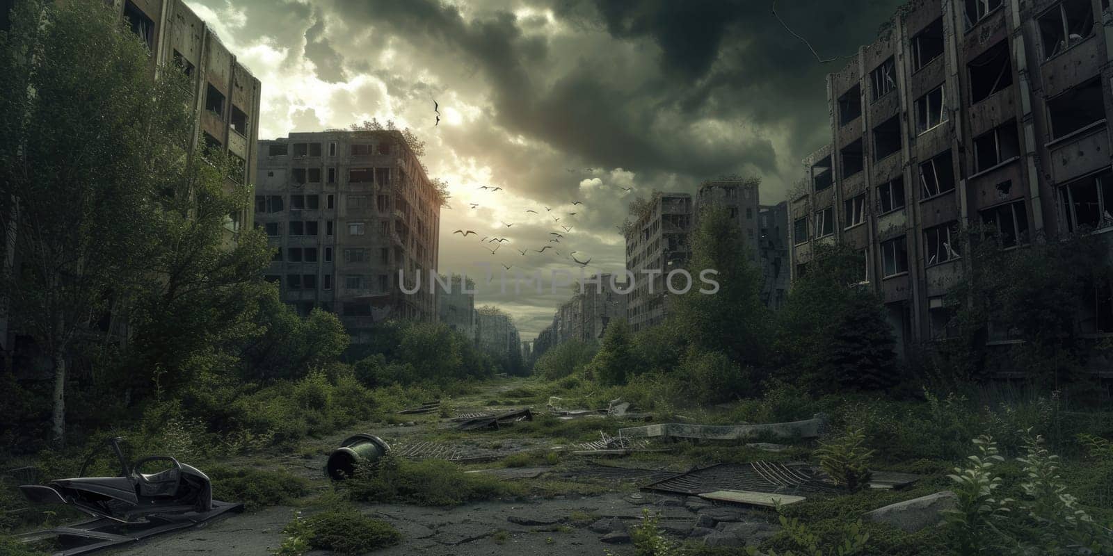 A fiery sunset looms over the ruins of an abandoned industrial factory, where nature slowly encroaches upon man-made structures. Resplendent.