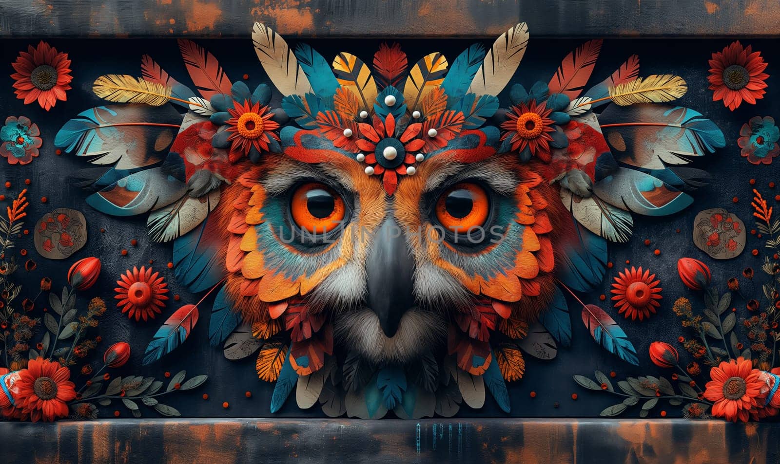 Painting of an owl with vibrant orange eyes.