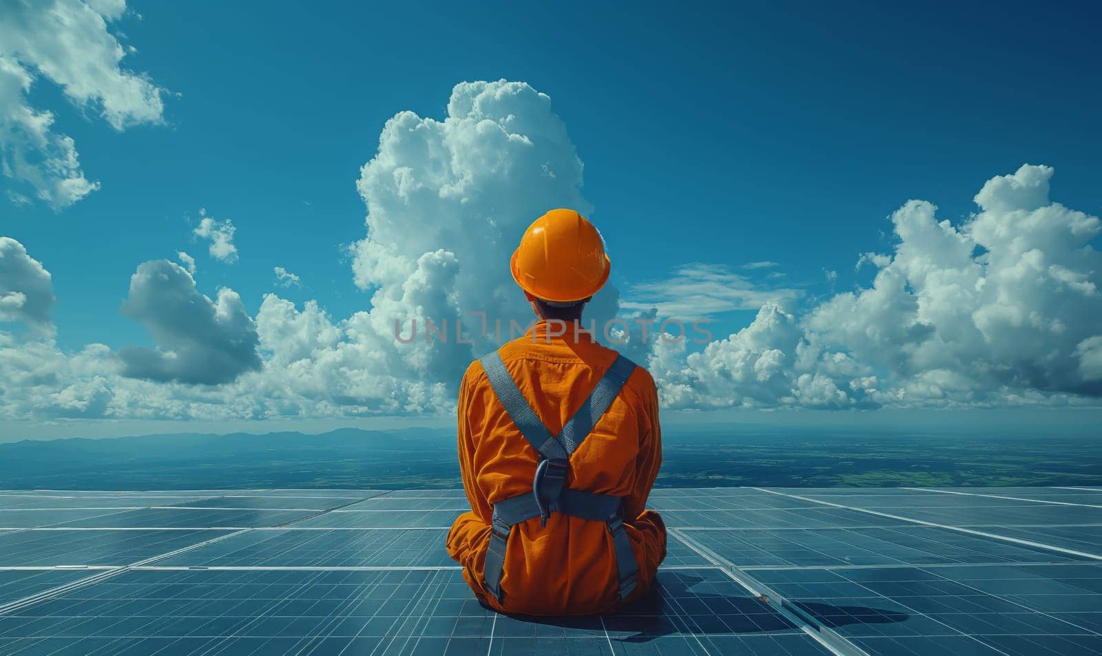 A man in an orange jacket sitting on a solar panel in a sunny environment.