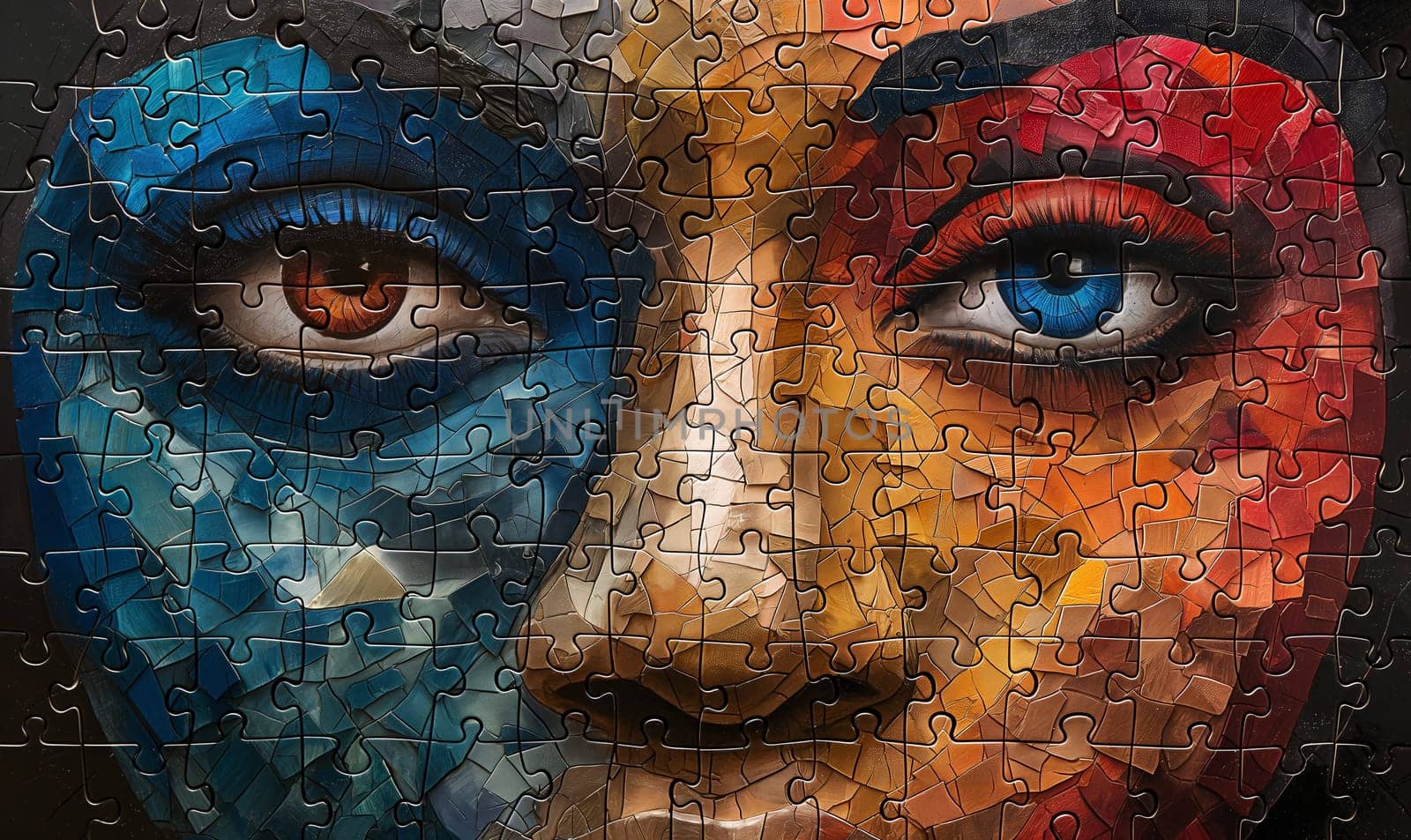 Completed puzzle with a woman's face, close-up. Selective focus.