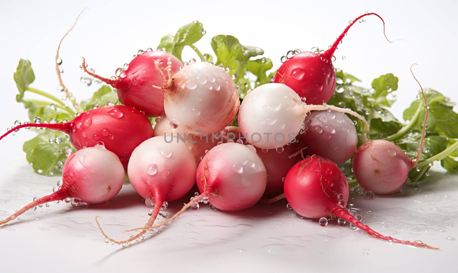Several radishes covered in water droplets, enhancing their freshness and texture.