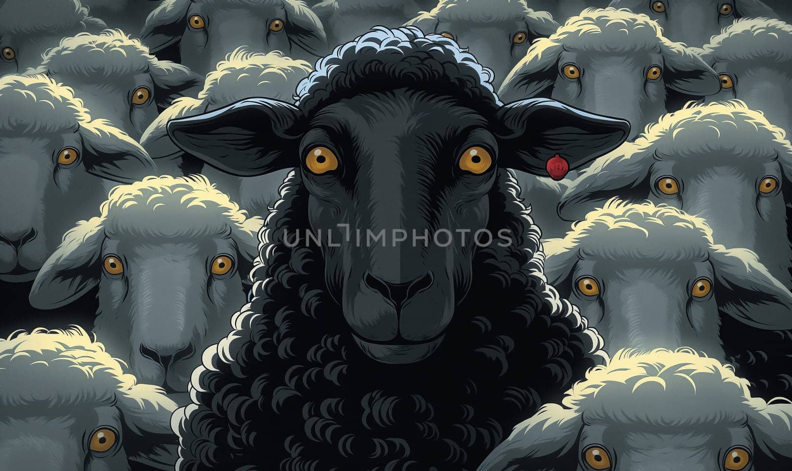 A black sheep among white sheep in a herd. Selective focus.