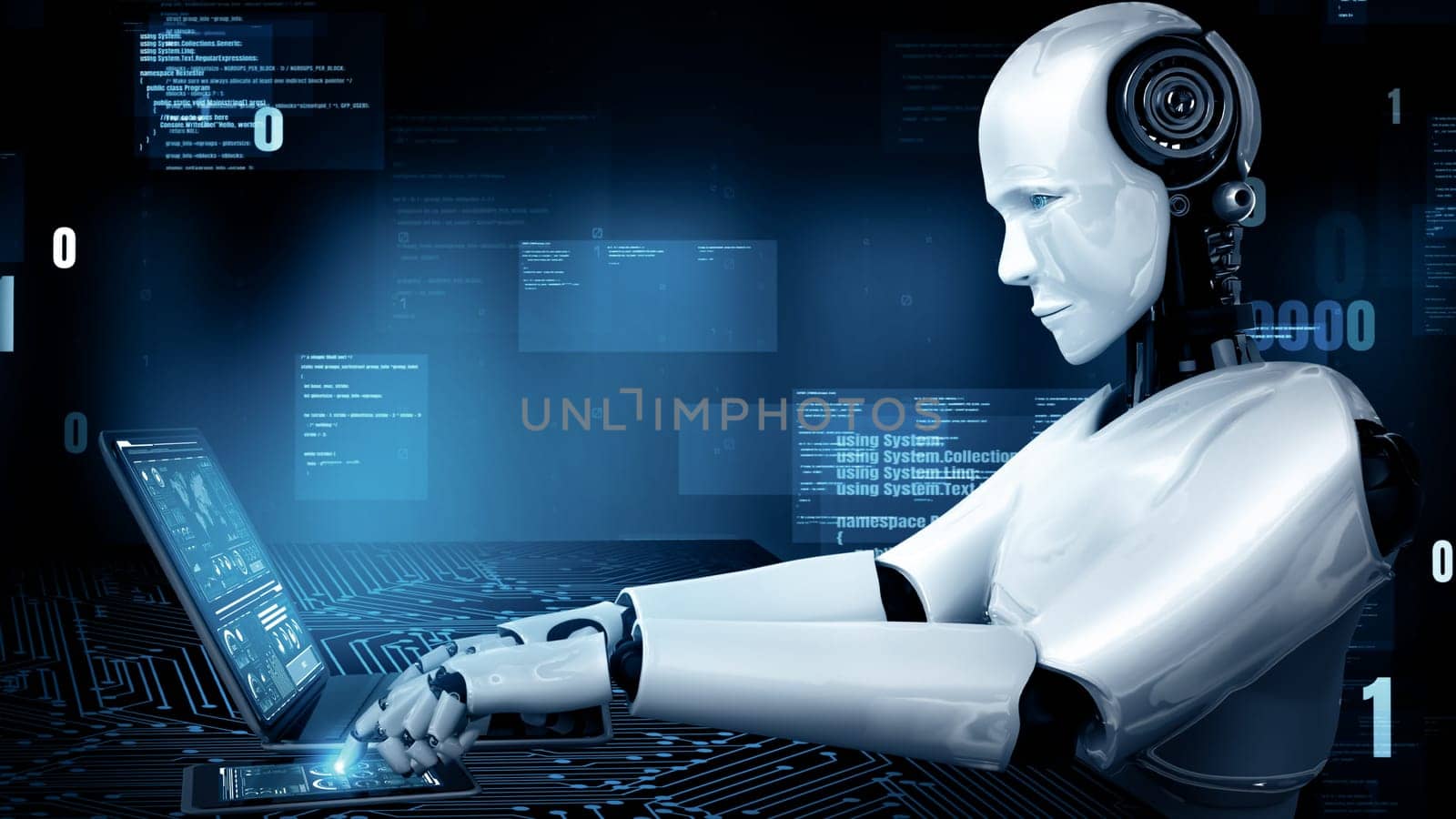 MLP 3d illustration Futuristic robot artificial intelligence huminoid AI programming coding technology development and machine learning concept. Robotic bionic science research for future of human life. 3D rendering.