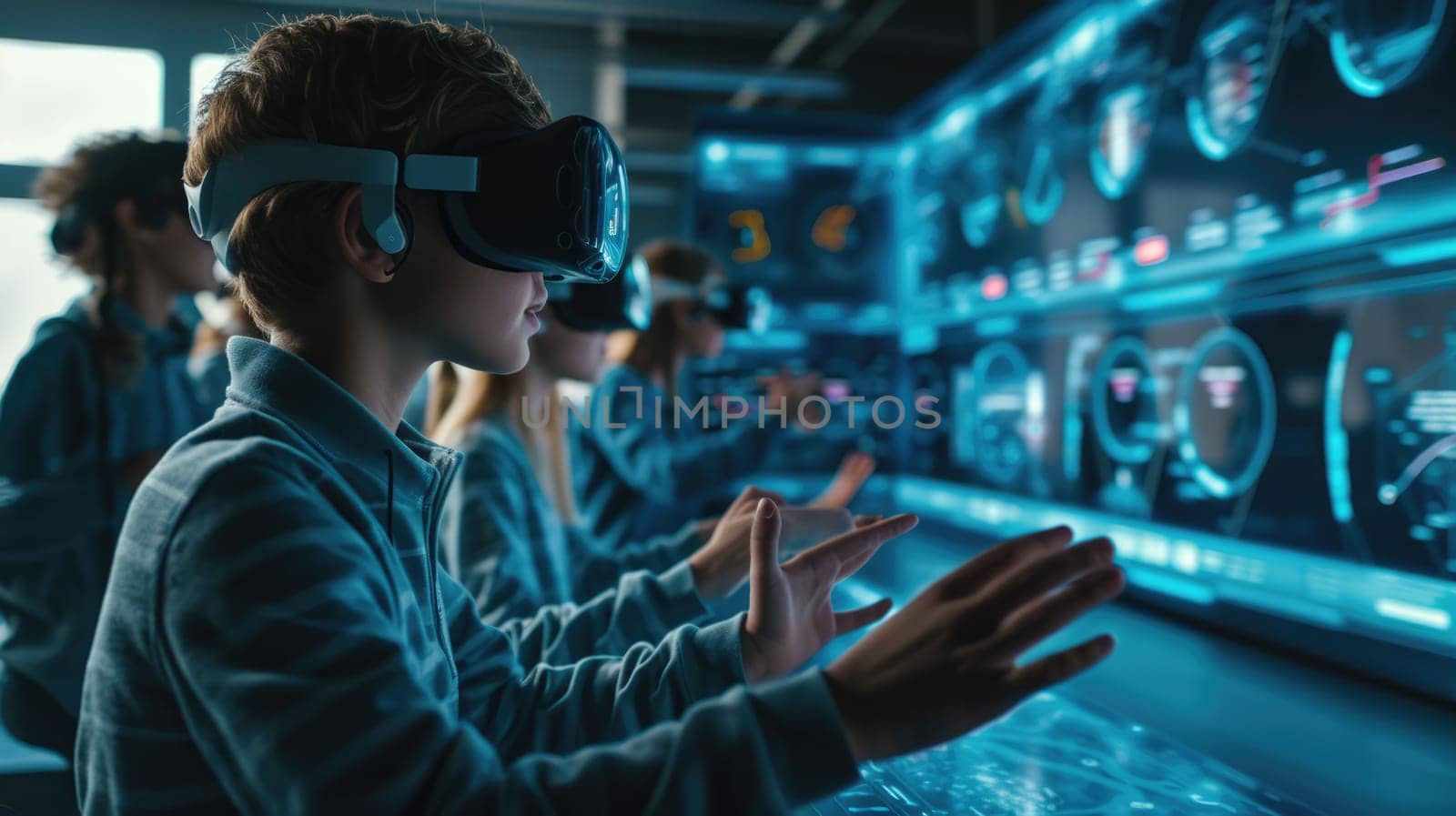 A group of students engages with virtual reality headsets in a classroom setting, exploring immersive educational content. AIG41