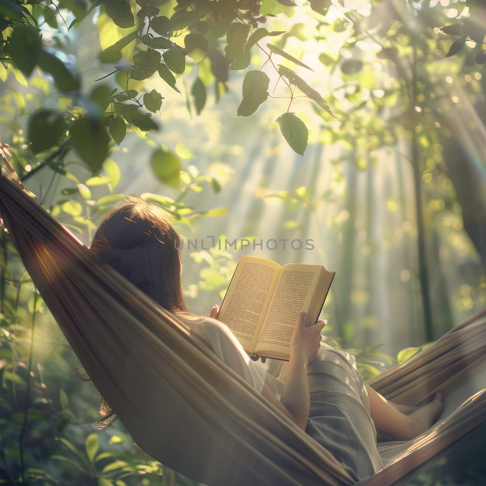 Relaxing in a hammock, surrounded by the tranquil landscape of trees and grass, a person enjoys leisurely reading a book under the shade of a terrestrial plant AIG50