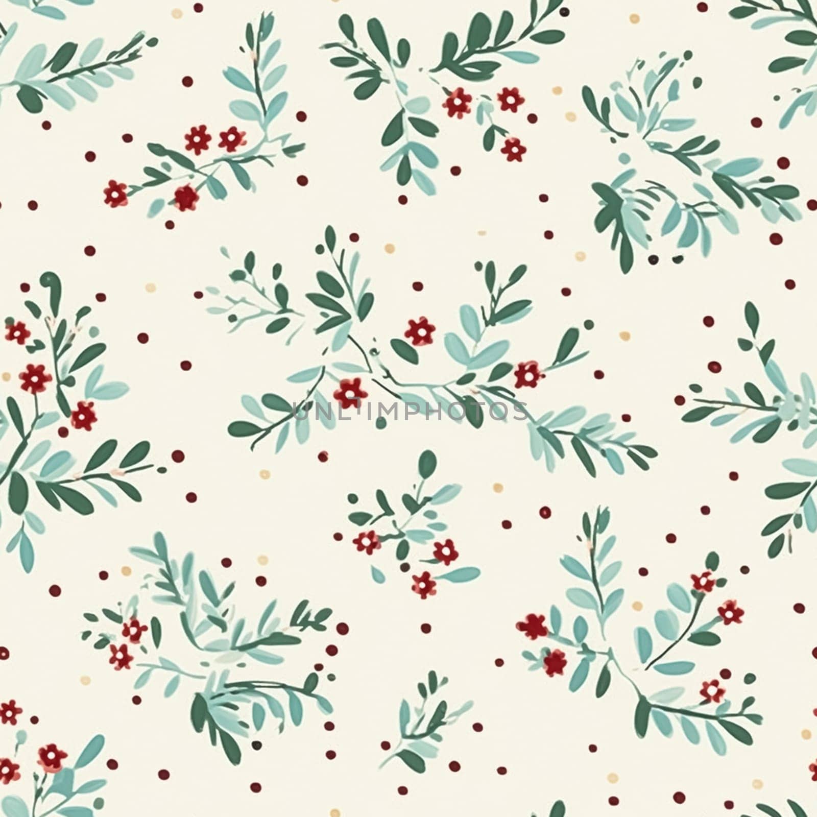 Seamless holiday pattern, tileable botanical English holly, winterberry Christmas branch country print for wallpaper, wrapping paper, scrapbook, fabric and product design by Anneleven