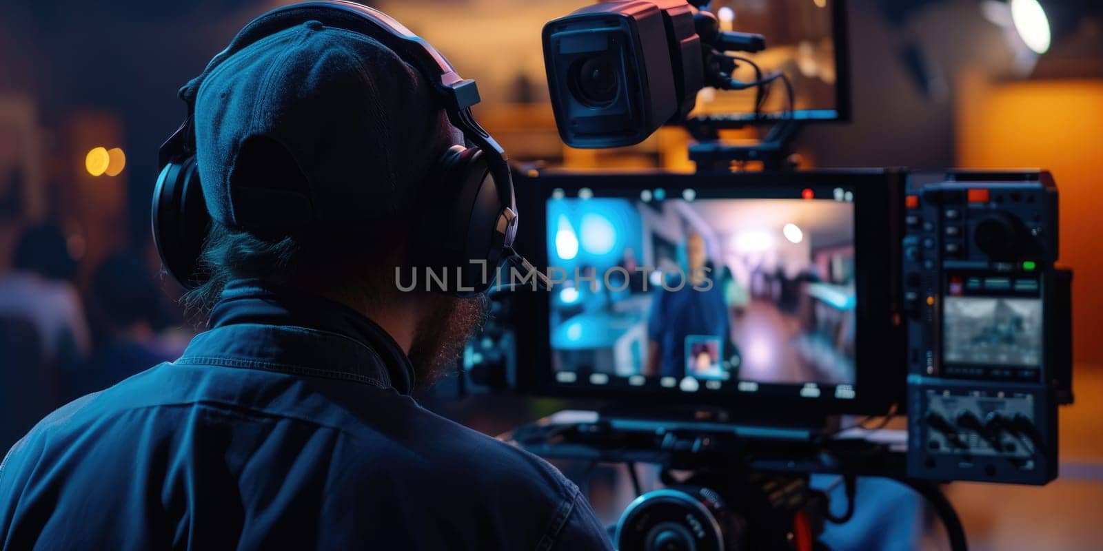 Professional skilled producer or camera man looking at monitor display video recording and taking video at studio. Energetic smart journalist conducting and taking video of interview section. AIG42.