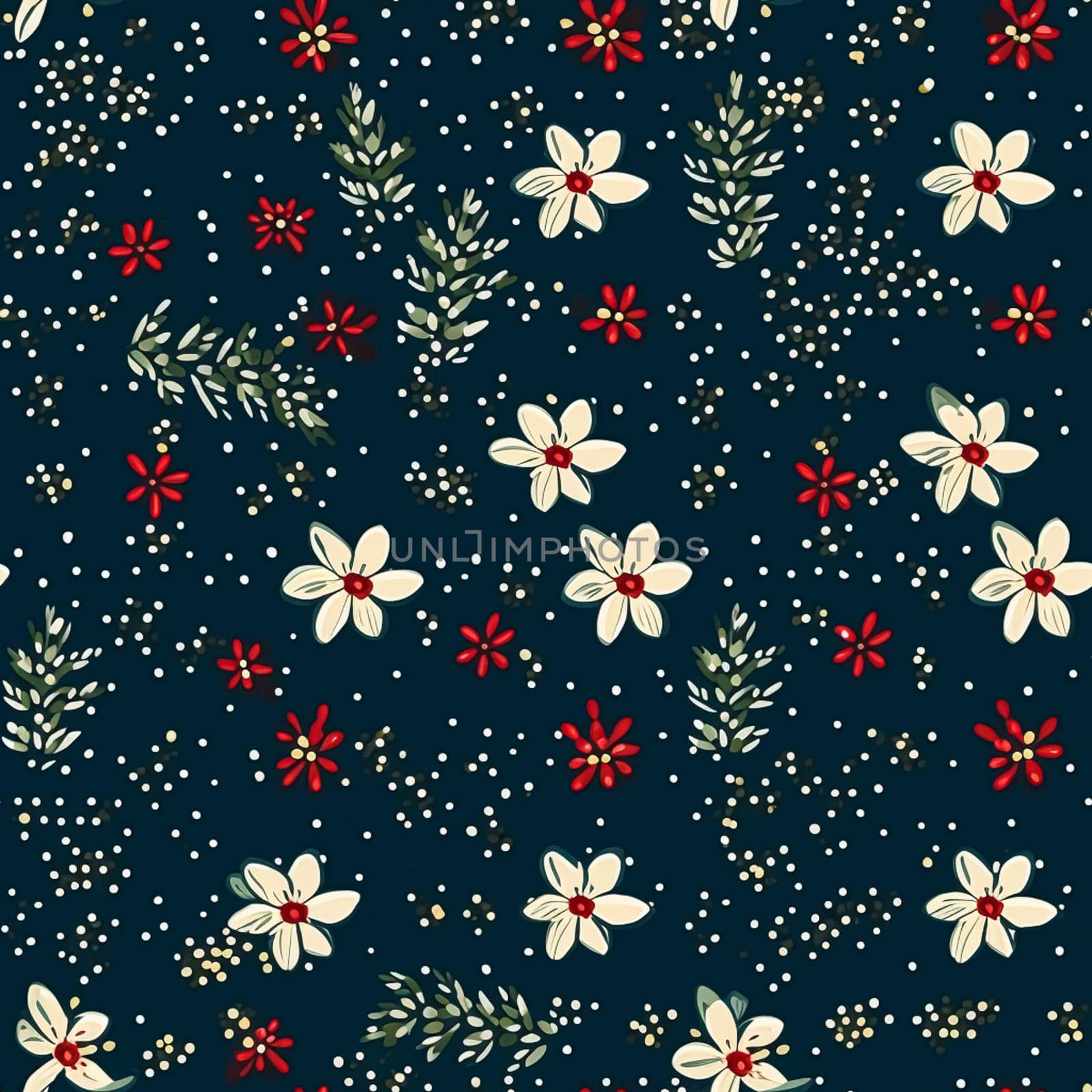 Seamless pattern, tileable Christmas holiday floral country dots print on dark background, English countryside flowers for wallpaper, wrapping paper, scrapbook, fabric and product design by Anneleven