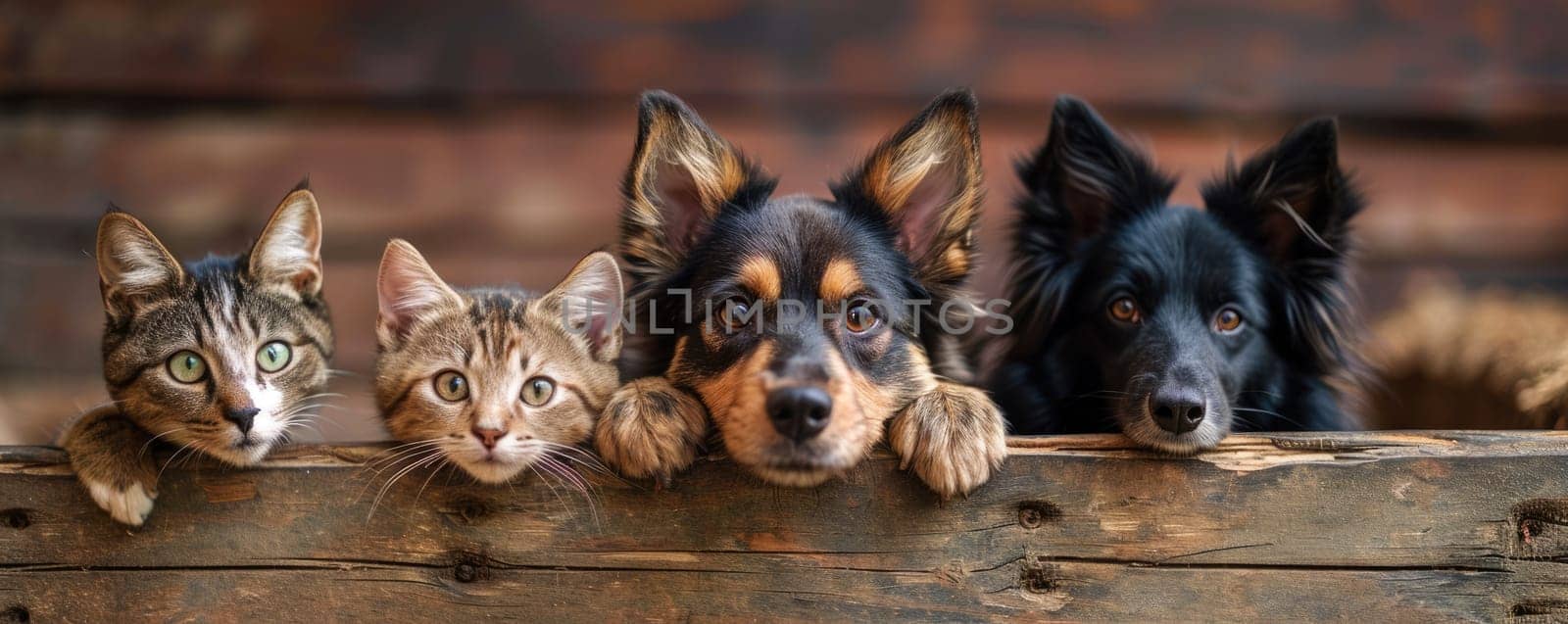 The picture of front view and close up of the multiple group of the various cat and dog in front of the wood object background that look back to the camera with the curious and interest face. AIGX03.
