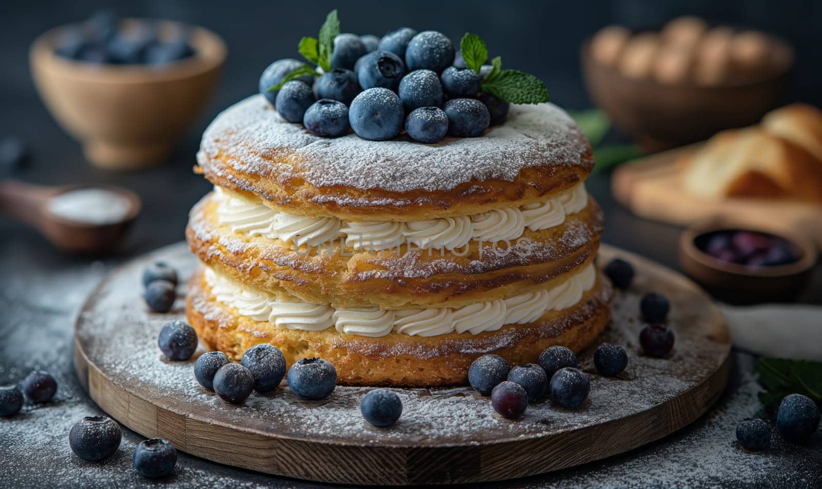 A cake topped with blueberries and powdered sugar.