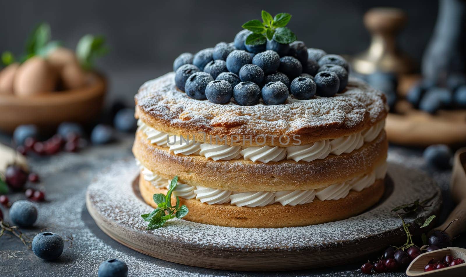 A cake topped with blueberries and powdered sugar. Selective focus.