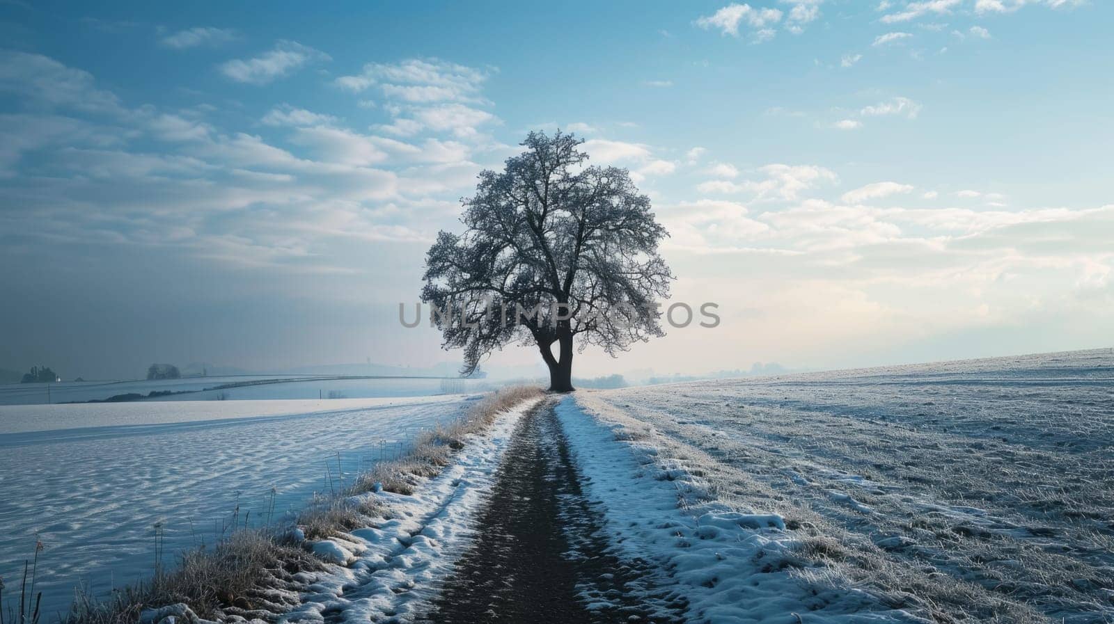 The picture of the single tree that has been covered with white snow in the middle of the empty snow land in the winter season and light from the sun can make everything bright clear on land. AIGX03.