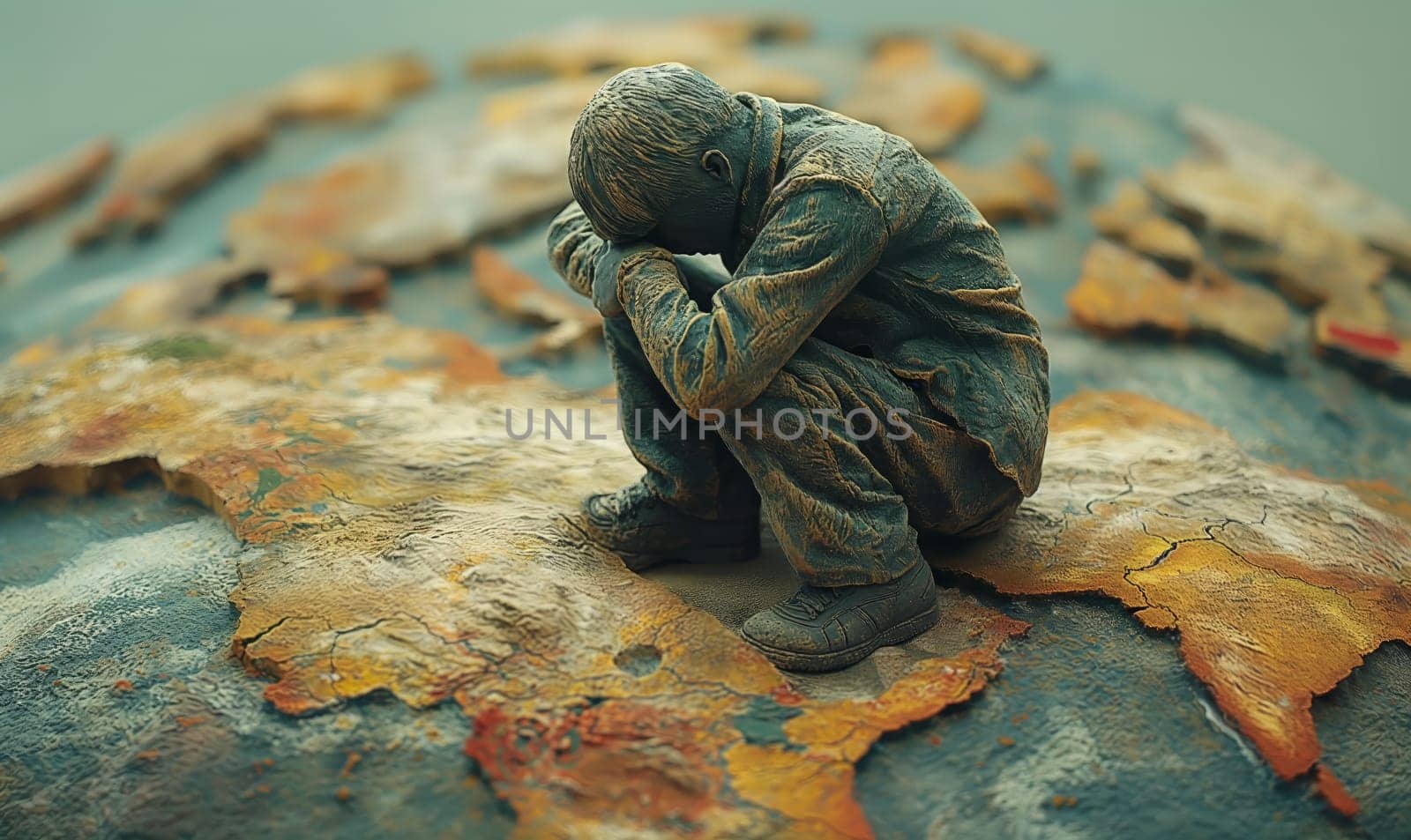 Small figurine of a boy sitting atop a miniature globe.