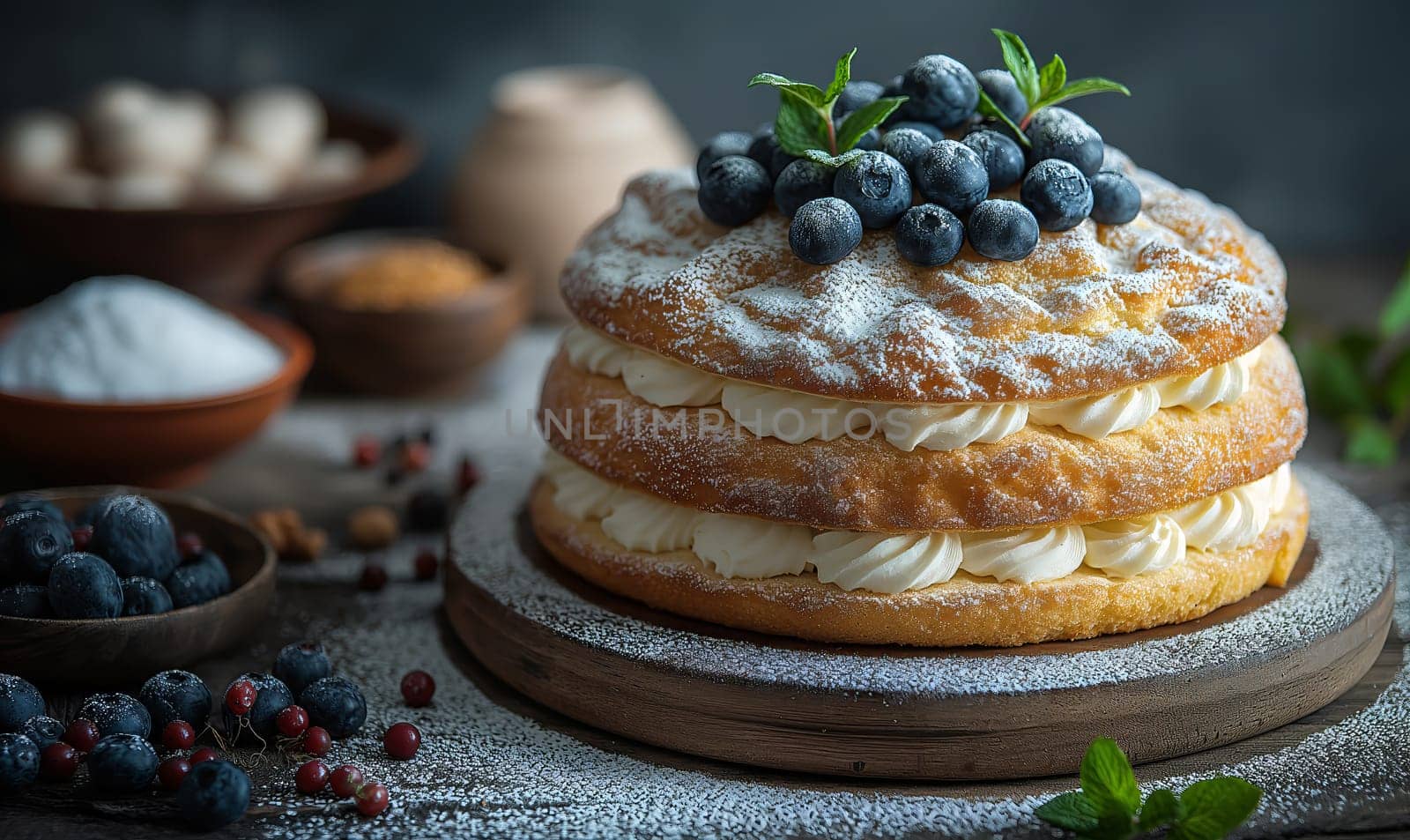 A cake topped with blueberries and powdered sugar. Selective focus.