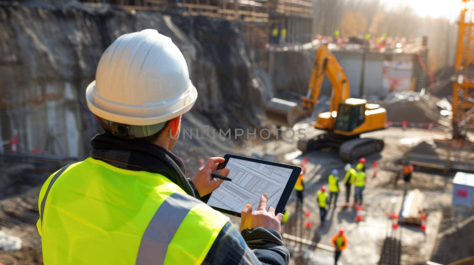 Civil engineer checking blueprint while standing at construction site. Professional architect or construction worker wearing safety helmet while looking at house structure and project plan. AIG42.