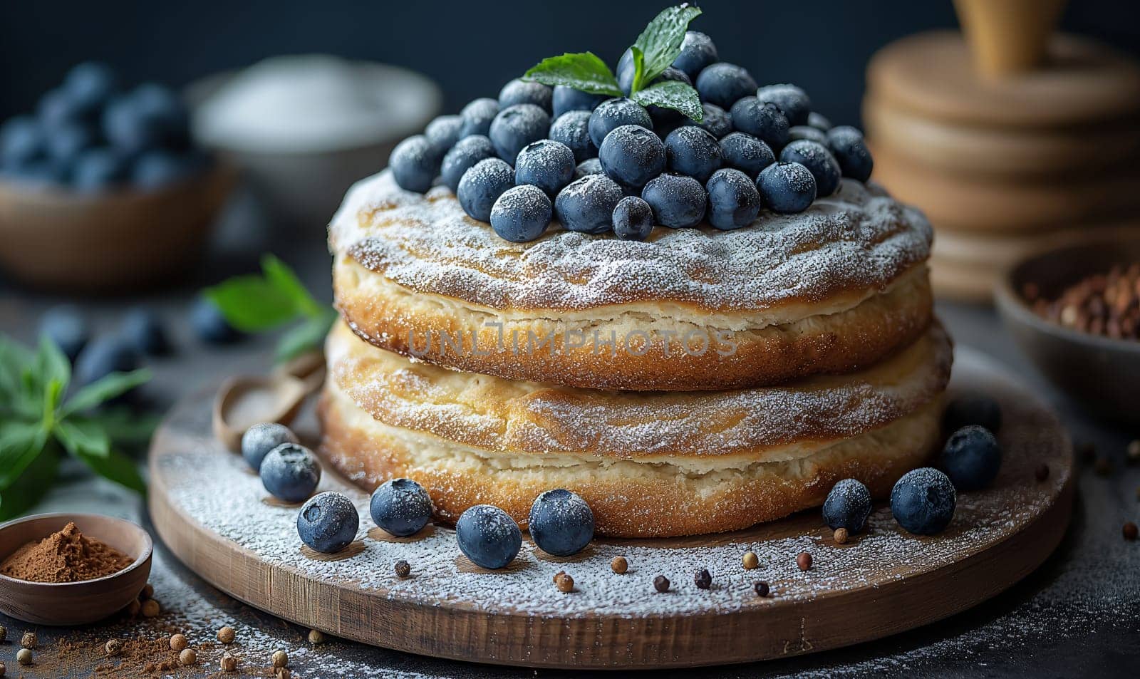 A cake topped with blueberries and powdered sugar. Selective focus.