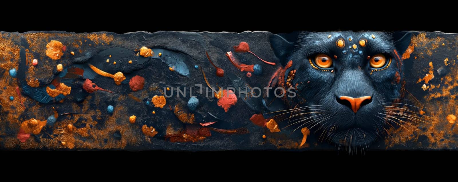 A painting of a black cat with striking orange eyes.