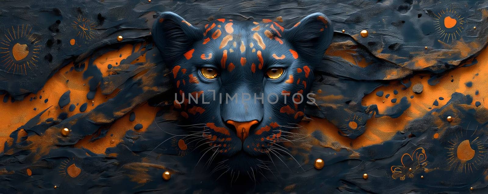 A painting of a black cat with striking orange eyes. by Fischeron