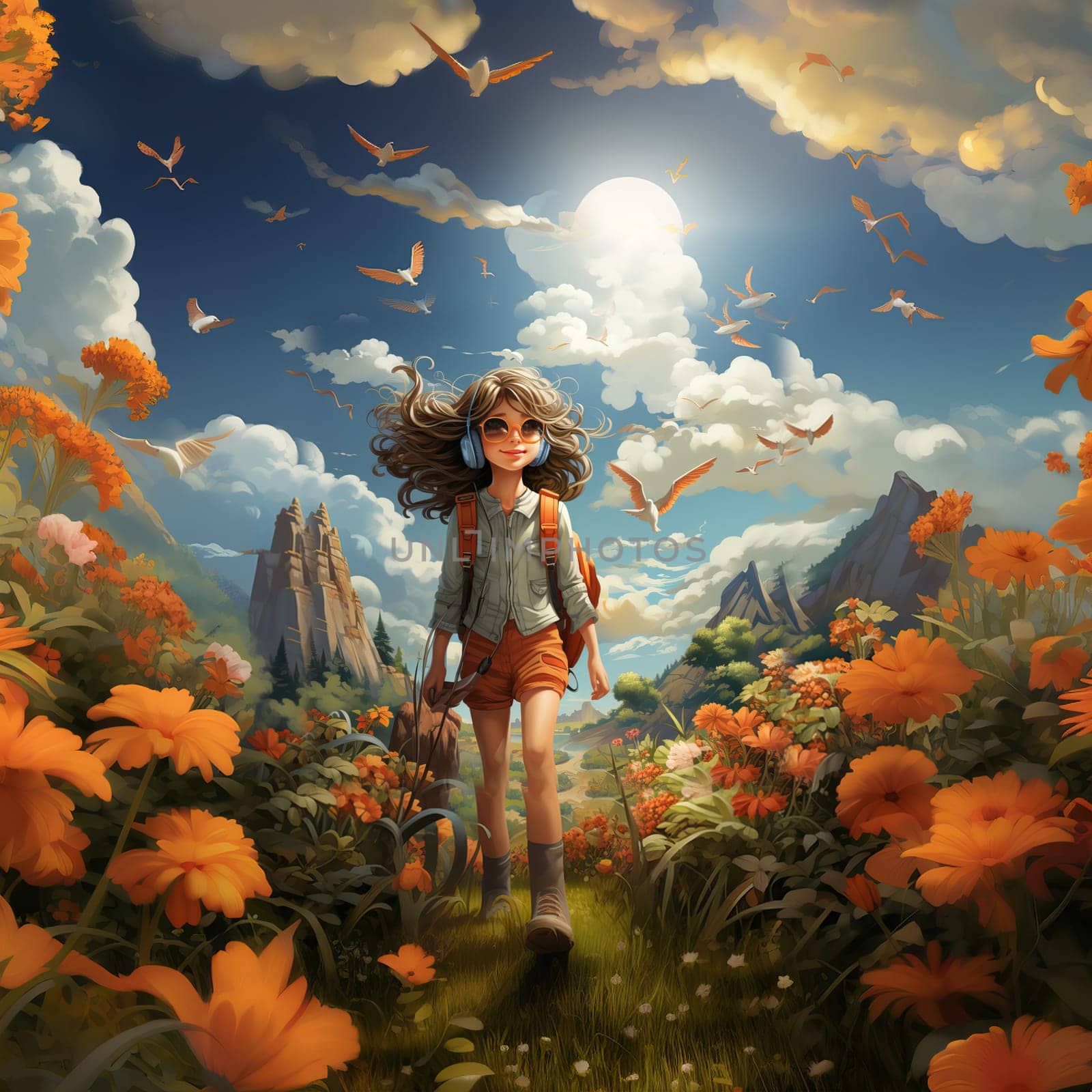 Girl Walking Through Flower Field. Generative AI by Fischeron