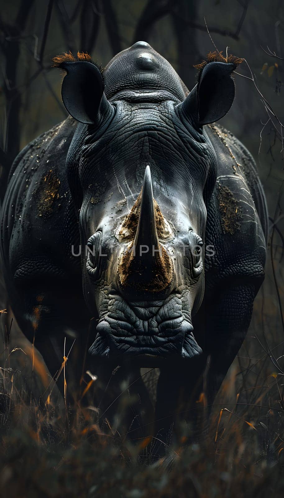 A terrestrial animal, the black rhinoceros with its distinctive snout, stands majestically in the darkness of the woods, creating a stunning wildlife art moment as it gazes at the camera