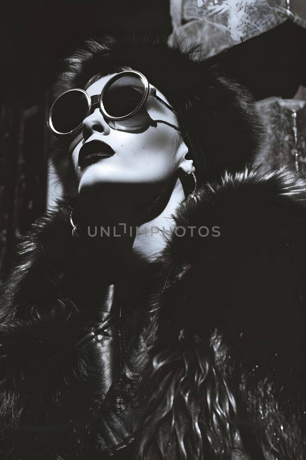 Monochrome photo features woman in sunglasses and fur coat by Nadtochiy