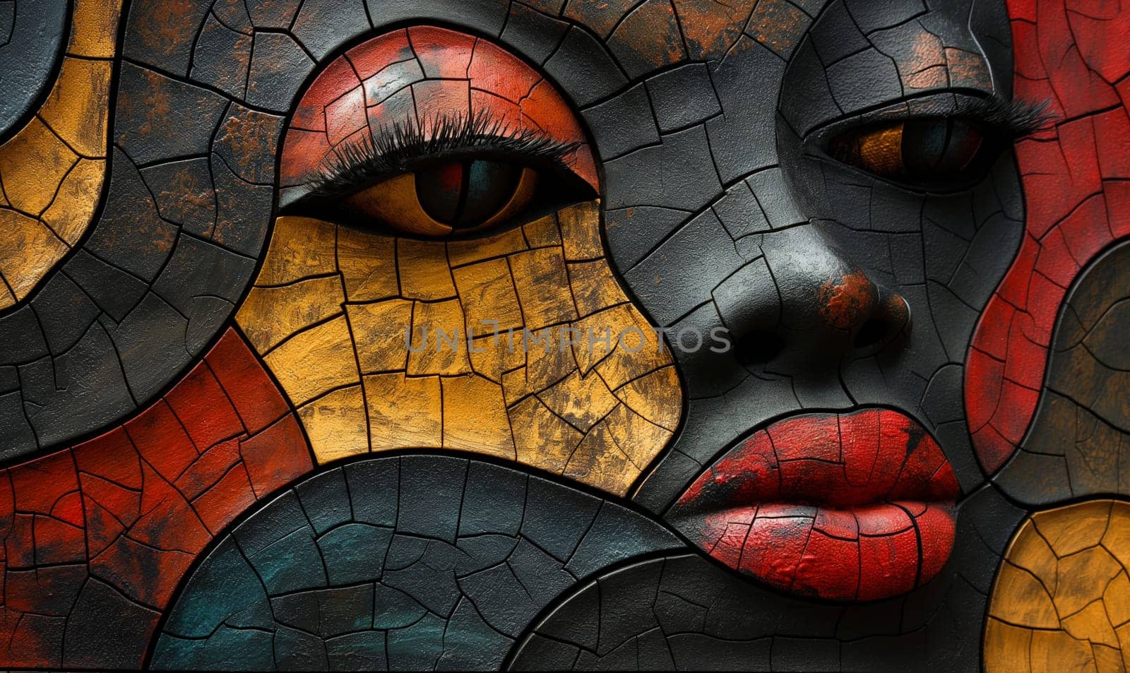 A portrait of a womans face painted in vibrant colors. Selective focus.