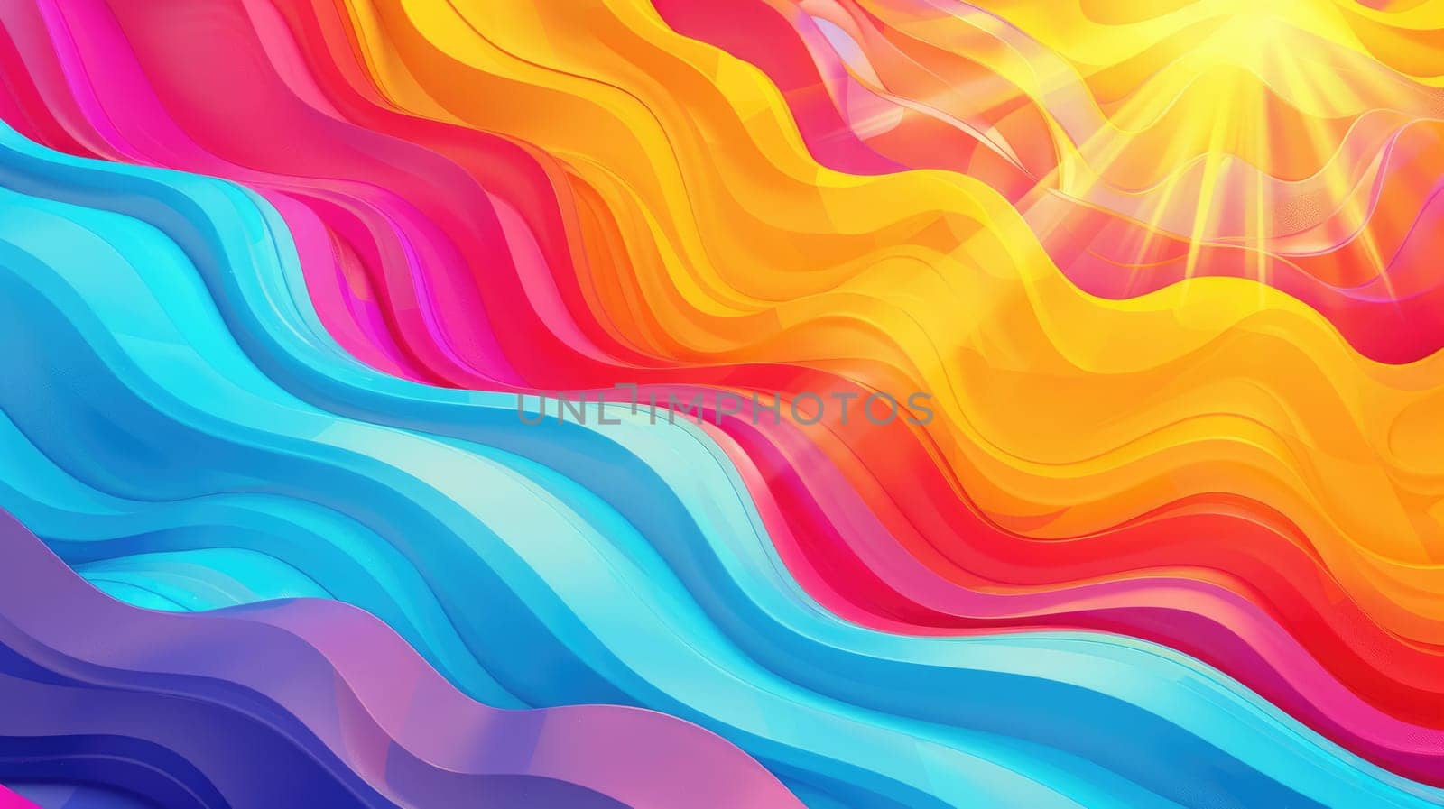 A detailed image capturing the vibrant colors of a rainbow reflecting off a body of water, with patterns resembling wind waves and clouds, depicted in a painting with electric blue hues AIG50