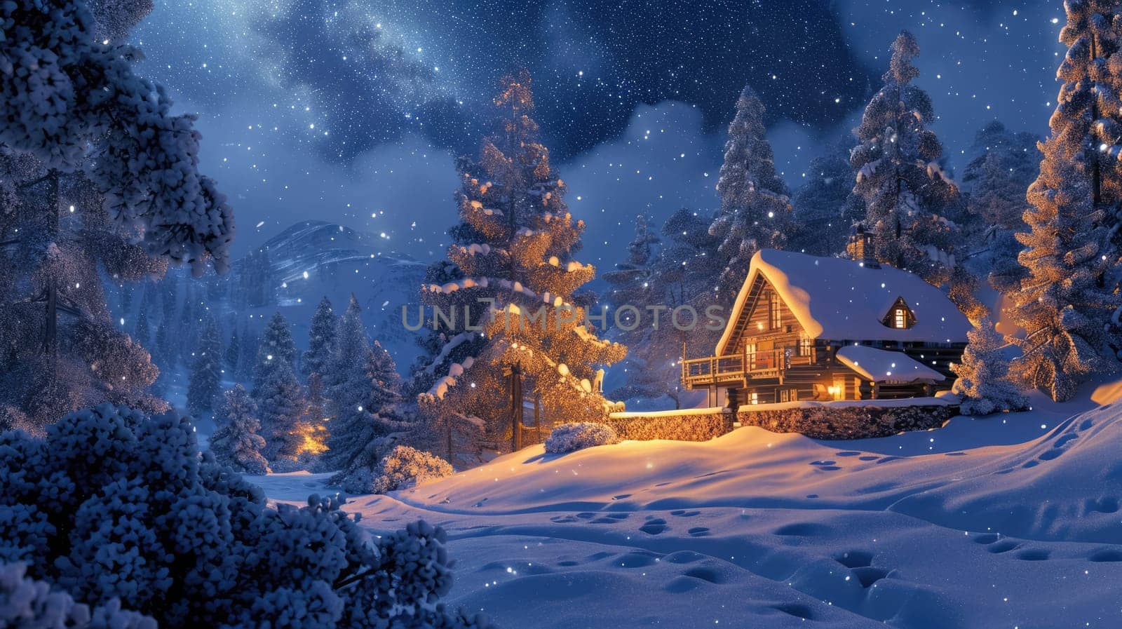 A cozy cabin nestles in a snow-laden landscape, with the mesmerizing Northern Lights dancing in the sky above the towering mountains. Resplendent.