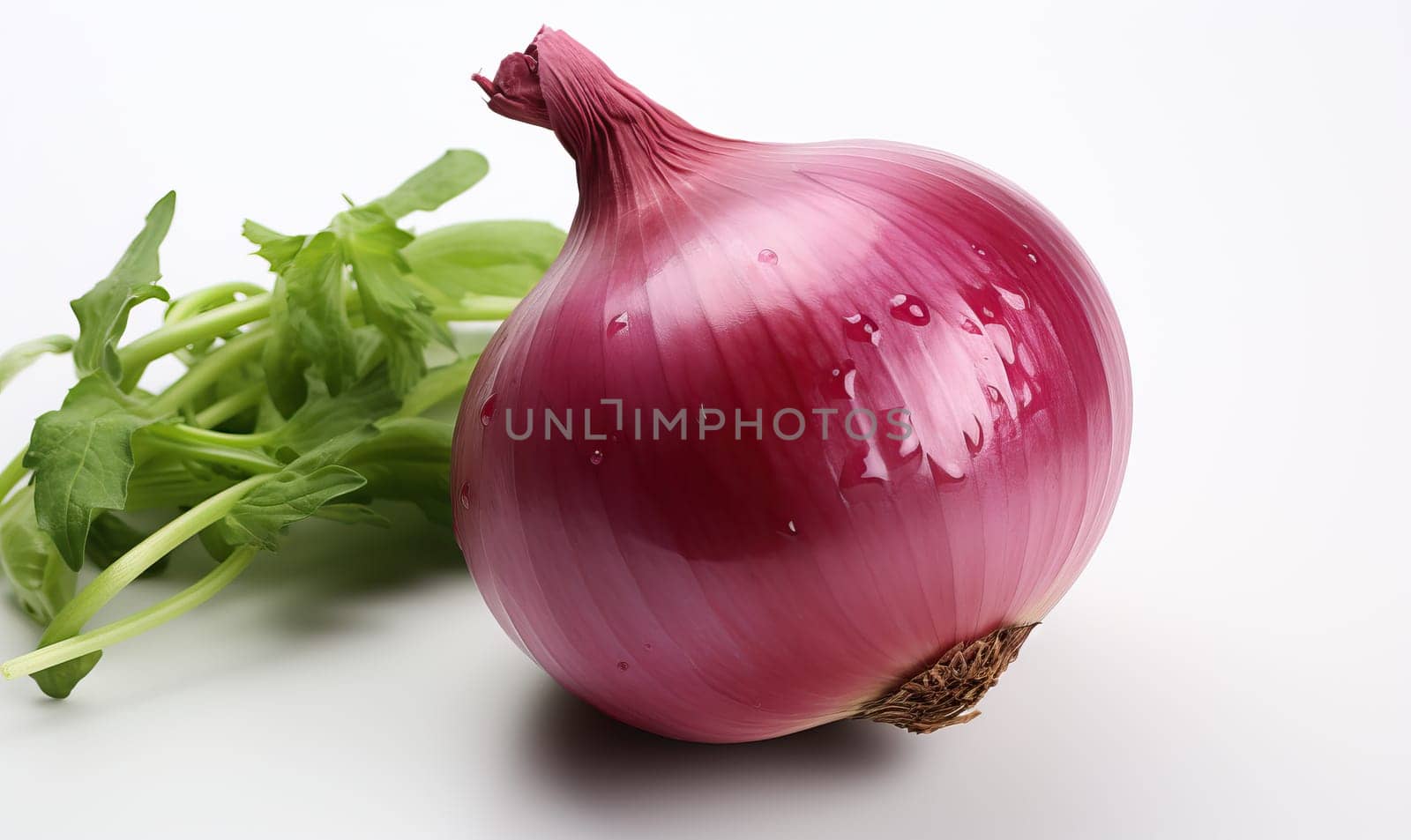 A close-up shot of an onion bulb next to a leaf of green lettuce.
