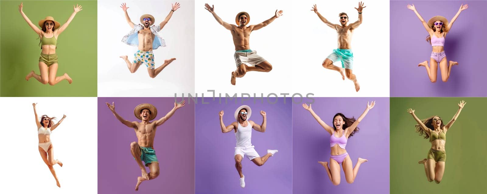 Summer people collection set, diverse people jumping on colorful background, many people funny jump wearing summer outfit fashion ready for swim and summer activity, summertime, beachwear AIG48