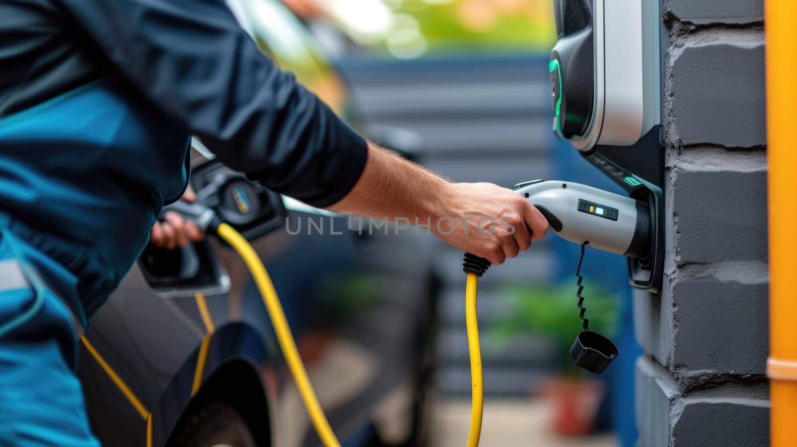 A technician connects an electric vehicle to a home charging station, illustrating the integration of renewable energy in daily life. AIG41