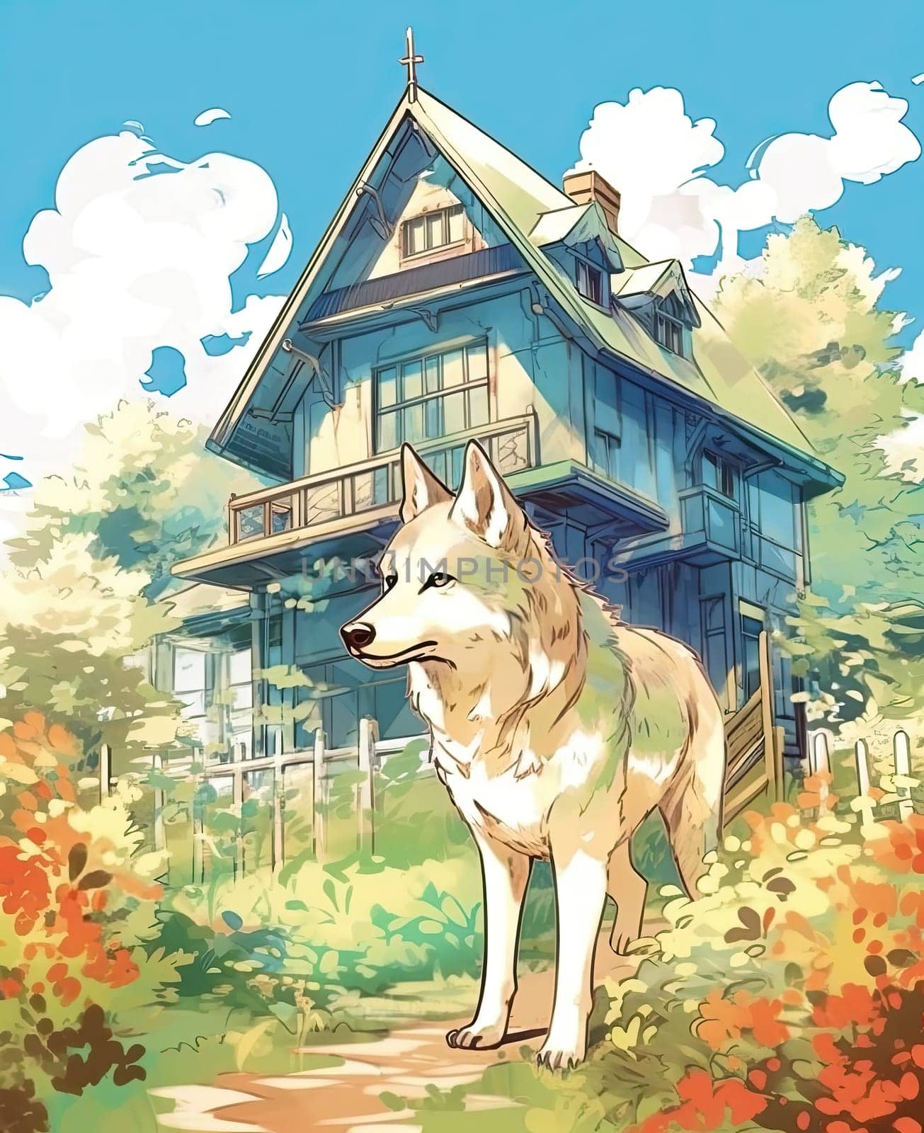 A dog standing on the grass in front of a suburban house.