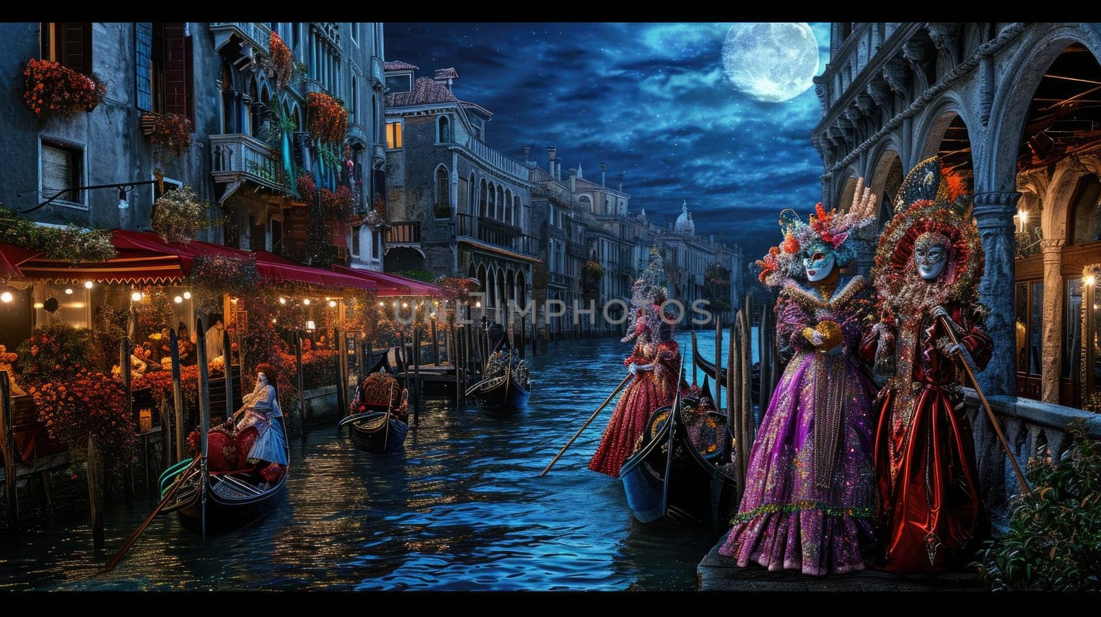 A grand Venetian carnival scene, elaborate masks and costumes, gondolas on the canal under moonlight. Resplendent.