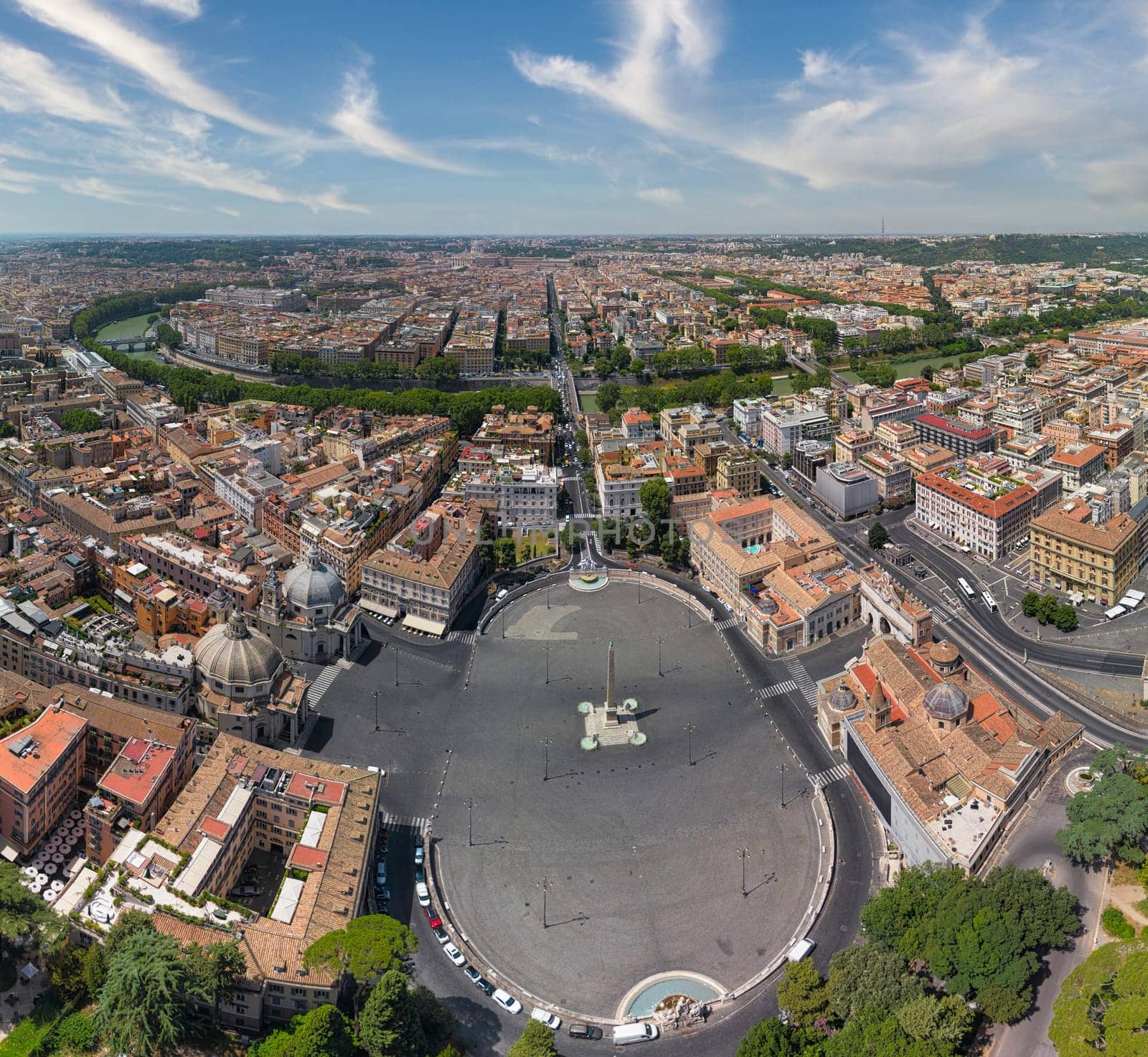 Rome cityscape aerial panorama of many buildings with orange roofs from above. Beautiful Italy city landscape