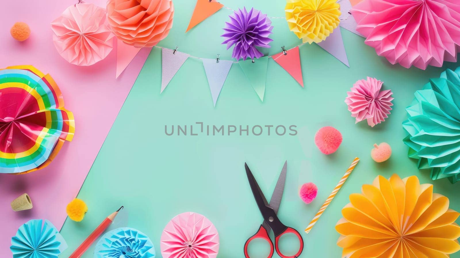 There is an array of craft supplies on the table including green textiles, plant motifs, aqua paint, magenta patterns, and creative art materials AIG50