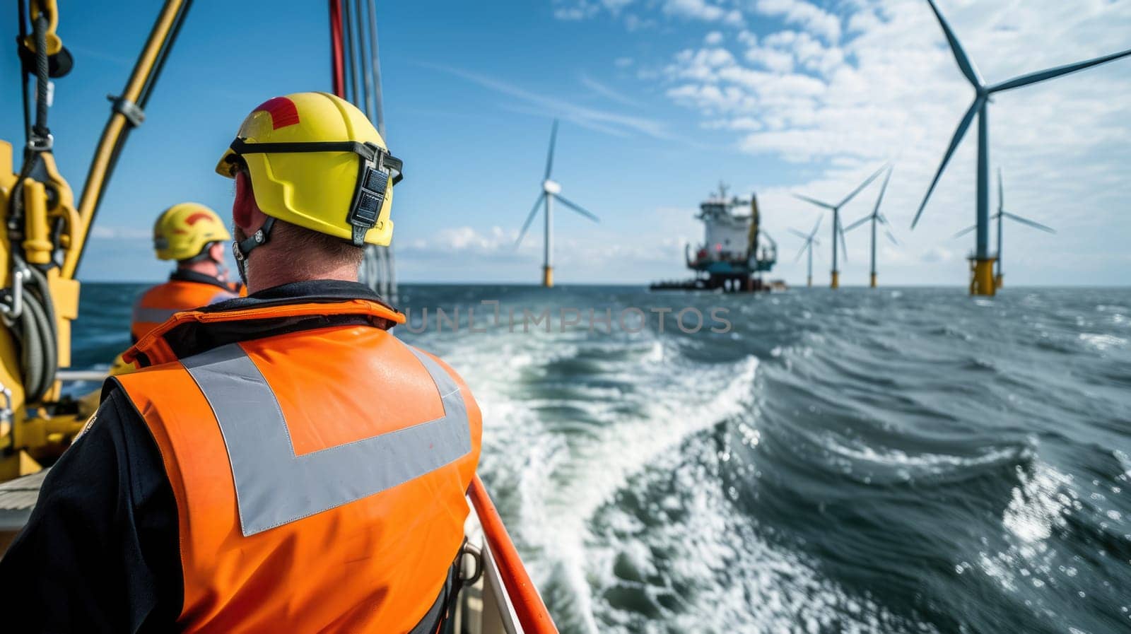 A man observes wind turbines on a boat amidst the vast ocean, with the sky, clouds, and water blending harmoniously. AIG41