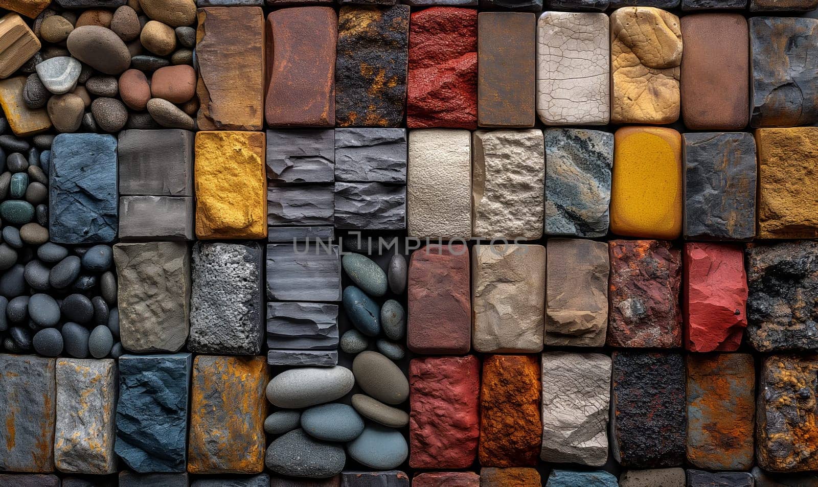 Collection of stones arranged in rows. Selective soft focus.