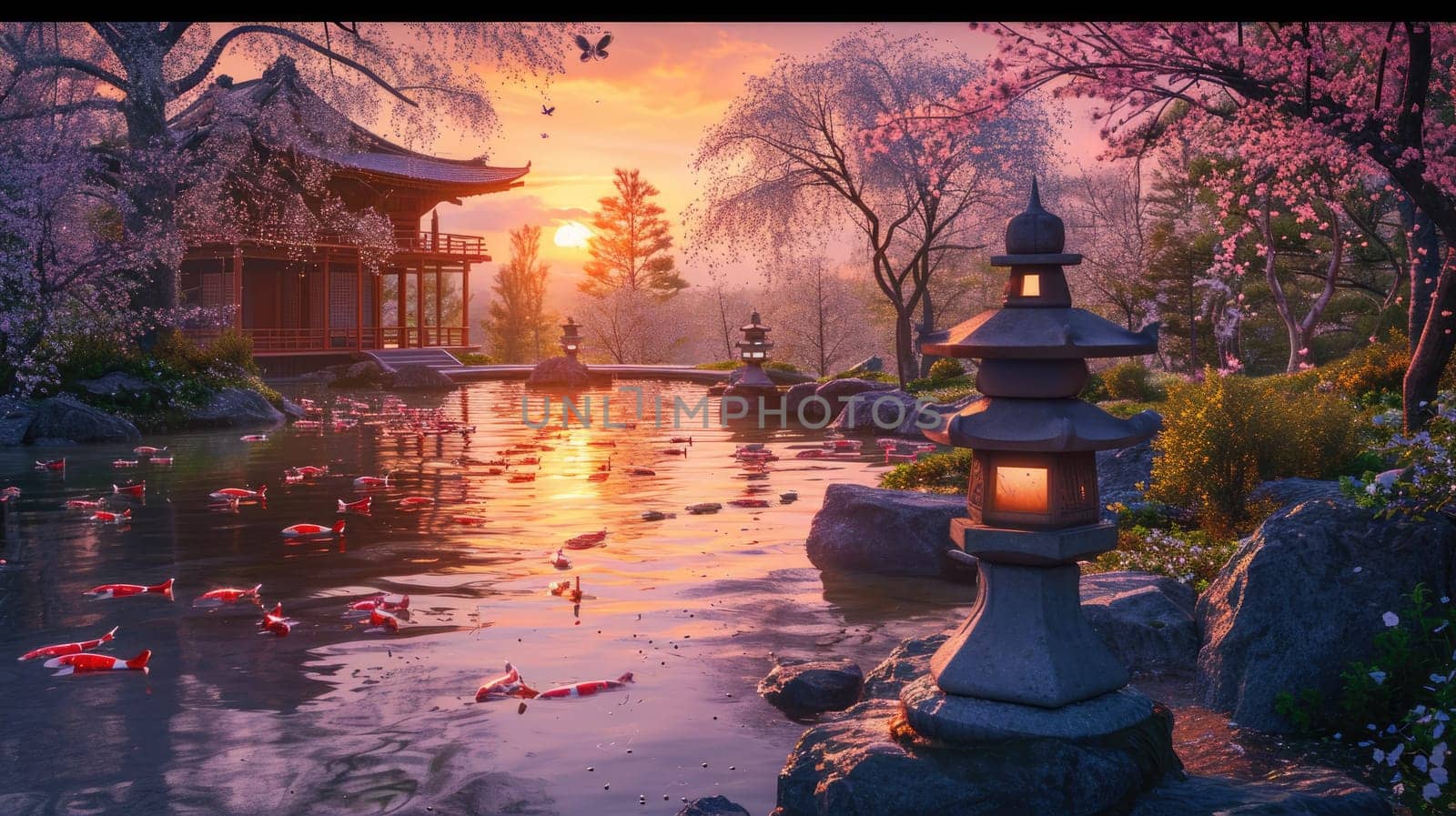 The warm sunset glow reflects on the tranquil waters of a koi pond by a traditional Japanese pavilion, surrounded by the soft pink hues of cherry blossoms. Resplendent.