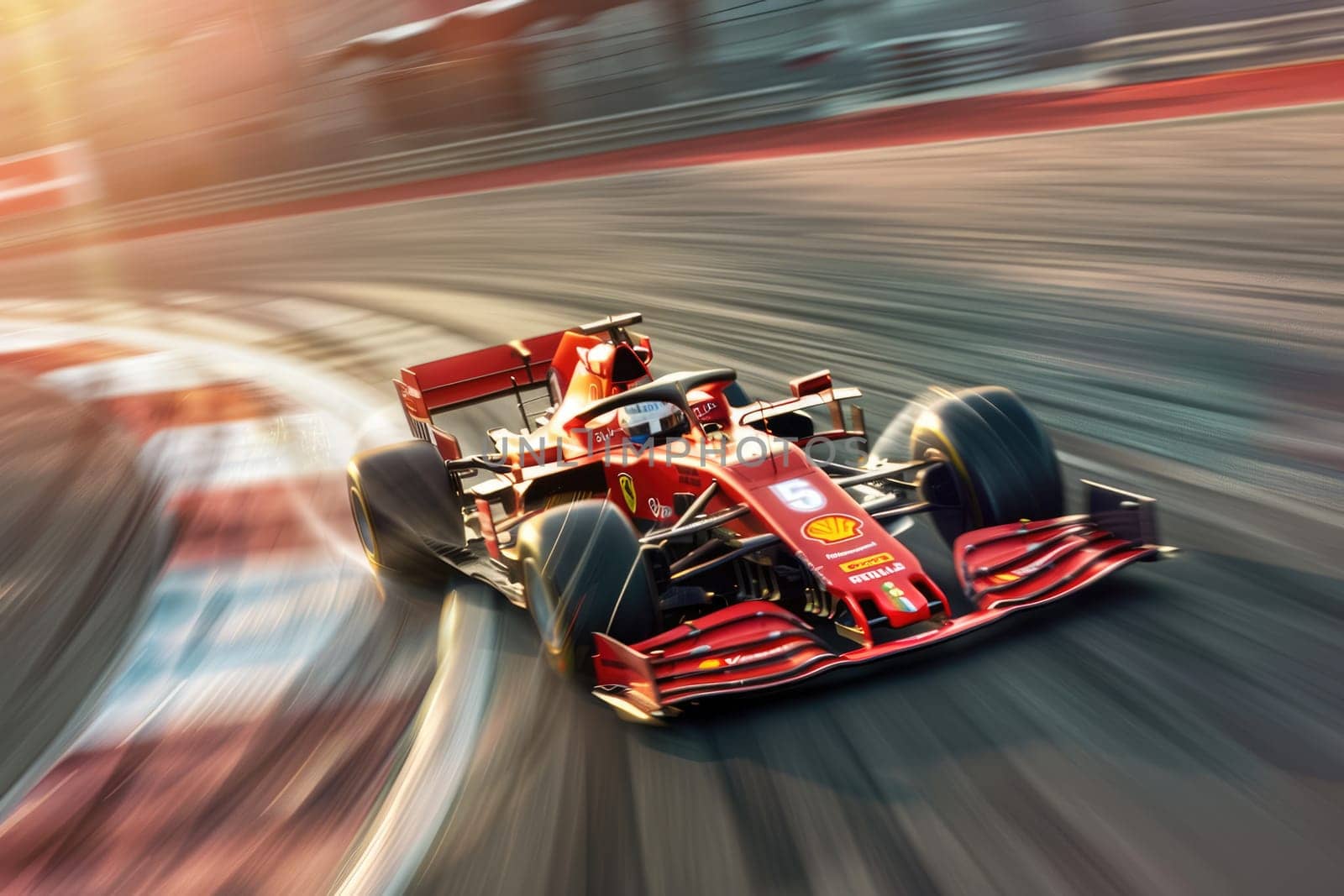 Formula 1 car racing on the circuit track while driving at high speed and accelerating at full power AIG44