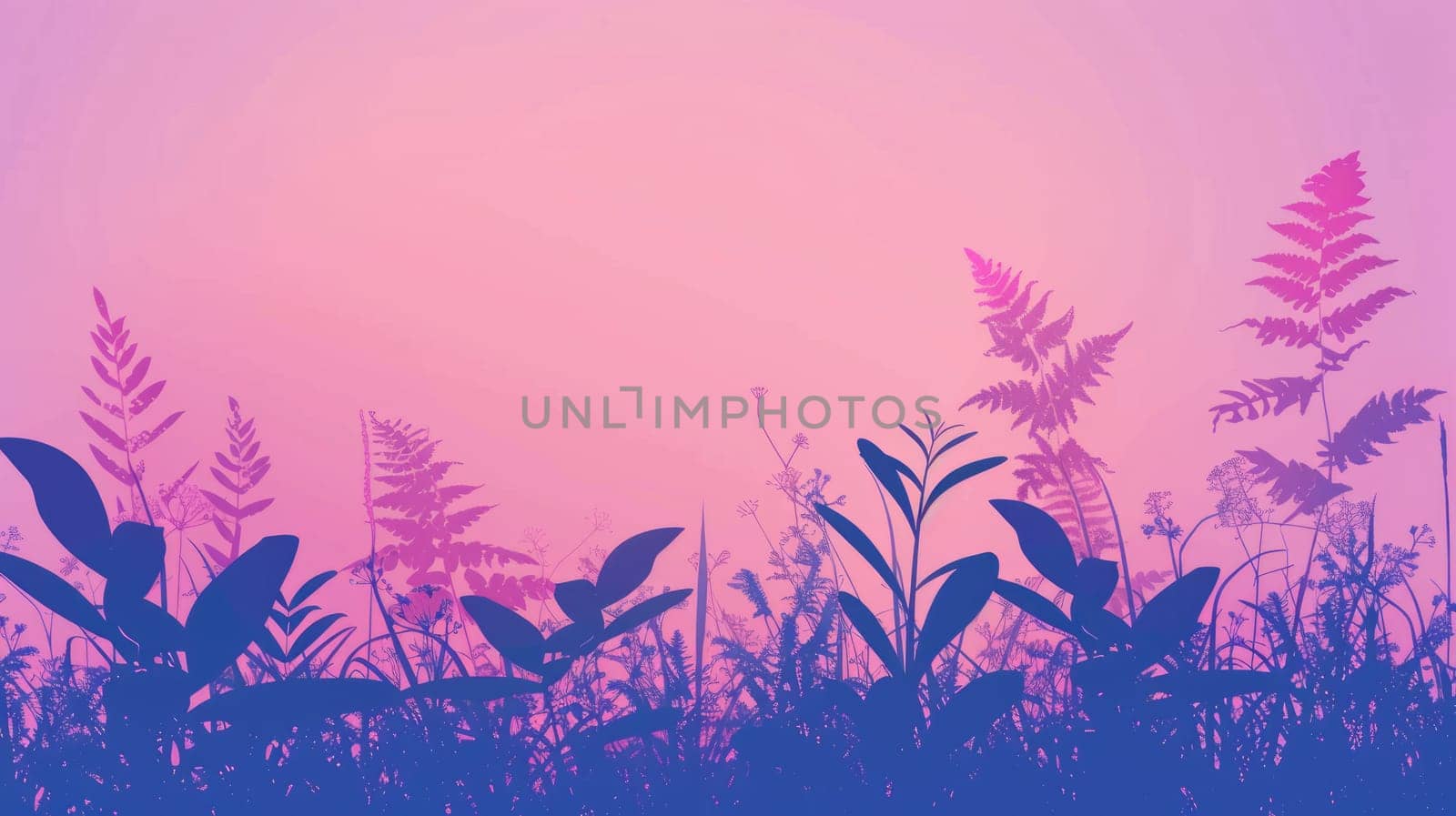 A row of tree silhouettes with twisted twigs against a pink and violet dusk sky, creating a serene natural landscape atmosphere AIG50