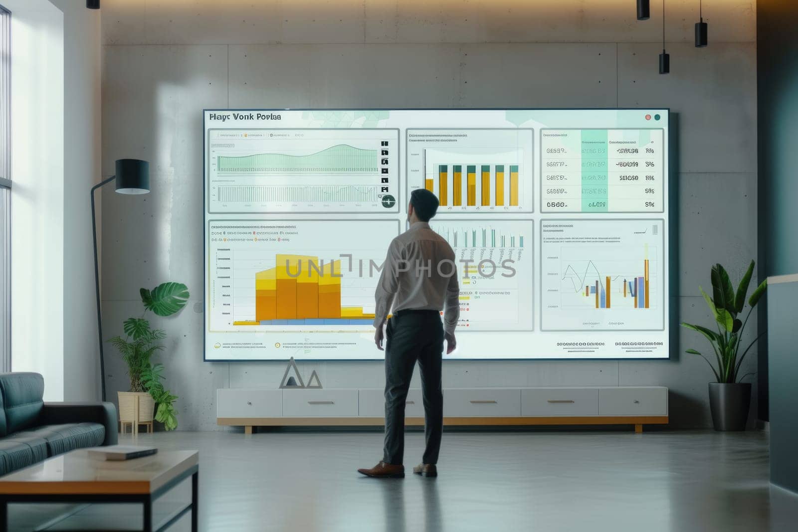 Professional business man looking at financial statistic chart while planning marketing strategy. Project manager checking at increasing sales while checking graph at meeting room. Business. AIG42.
