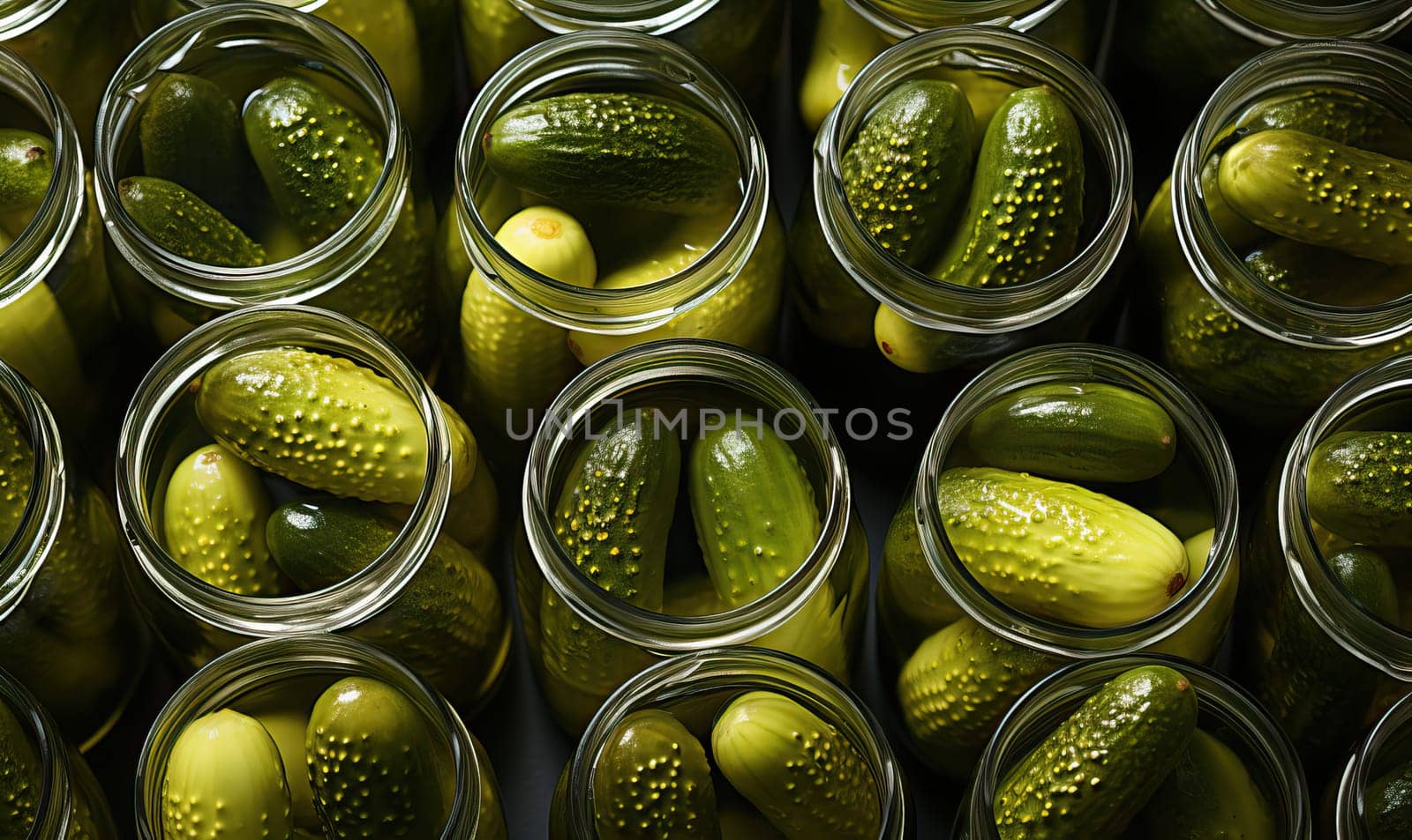 Assorted jars filled with pickles and cucumbers on a shelf.