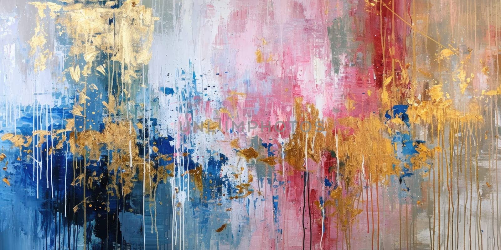The abstract picture of the gold, pink and blue colour that has been painted or splashed on the white blank background wallpaper to form the random shape that cannot be describe yet beautiful. AIGX01.