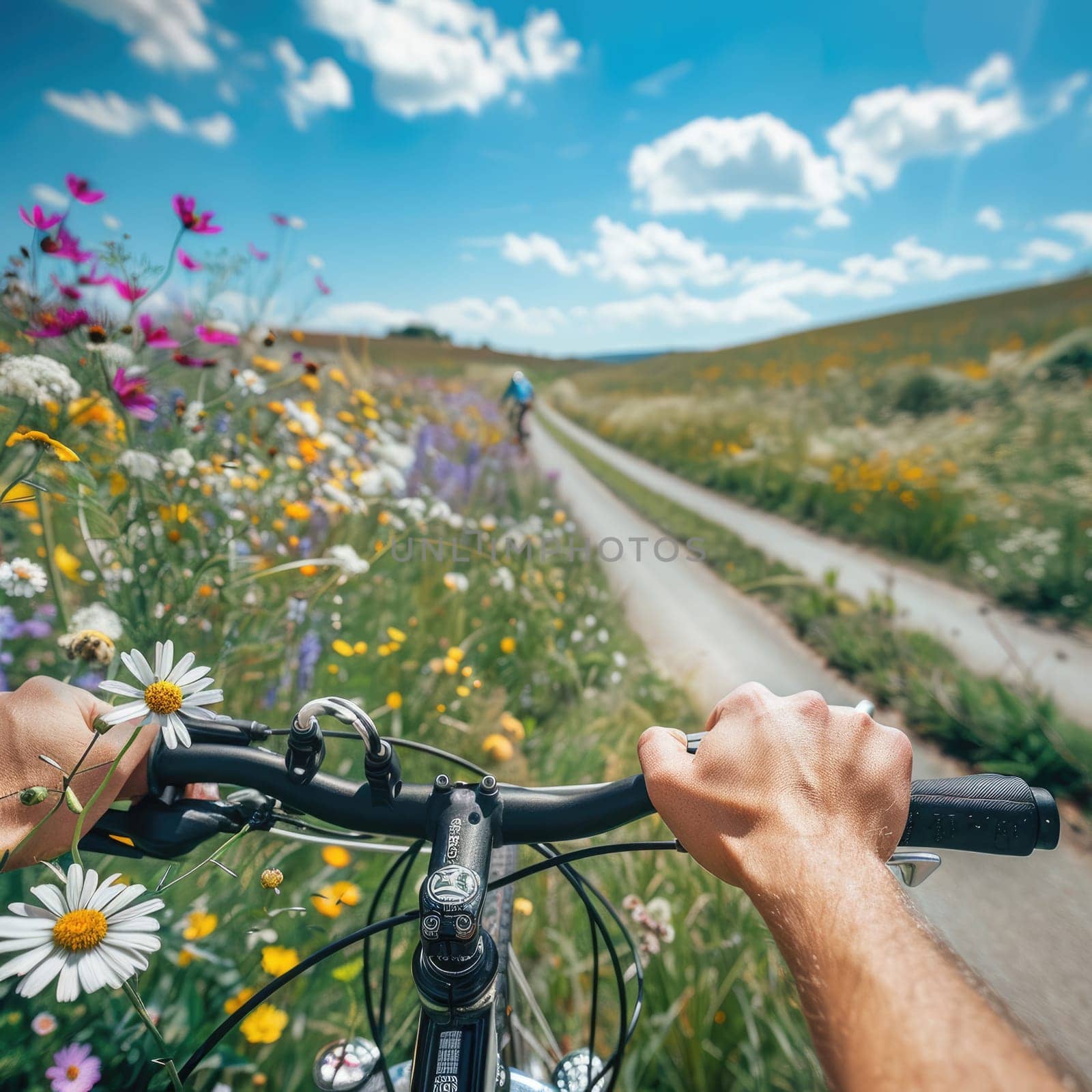 Riding a bicycle through a field of daisies, with the sun shining in the sky and fluffy clouds overhead, feeling the gentle breeze and admiring the beauty of nature AIG50