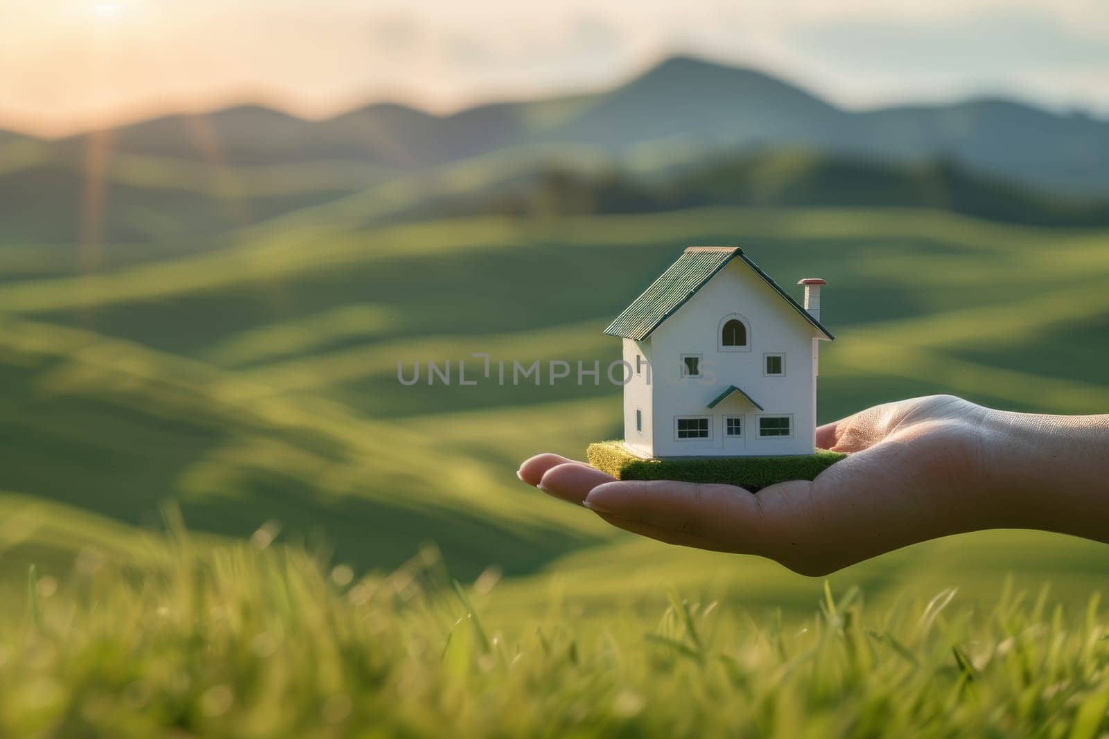 Concept of buying or building new home. Humen hand showing, offering a new dream house at the green field with copy space.