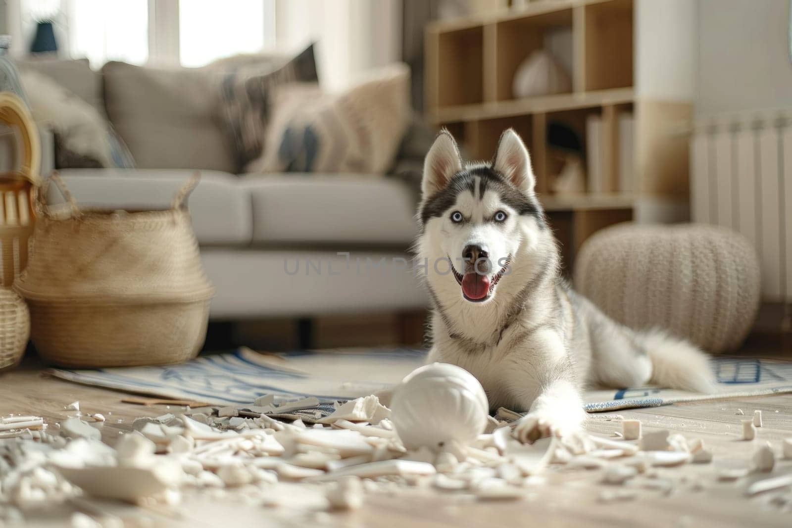 Siberian husky, broken vase fragments of porcelain around the dog in a modern house living room area.