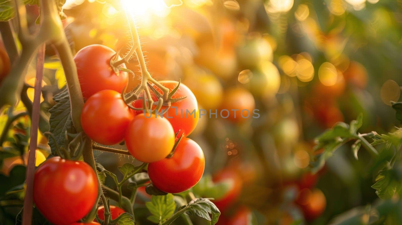 A tomato plant with a red tomato hanging from it.