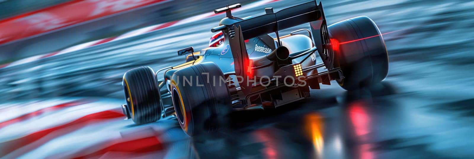 Formula 1 car racing on the circuit track while driving at high speed and accelerating at full power AIG44