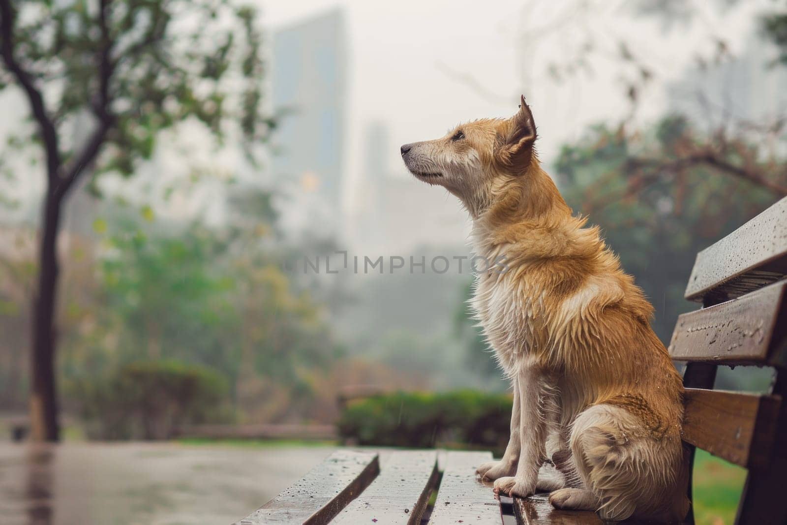 Dog wet from the rain is sitting on the bench in the Park by golfmerrymaker